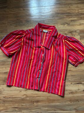 Vintage Retro Rainbow Striped Statement Blouse Puff Sleeve Button-Up Top Size Lg